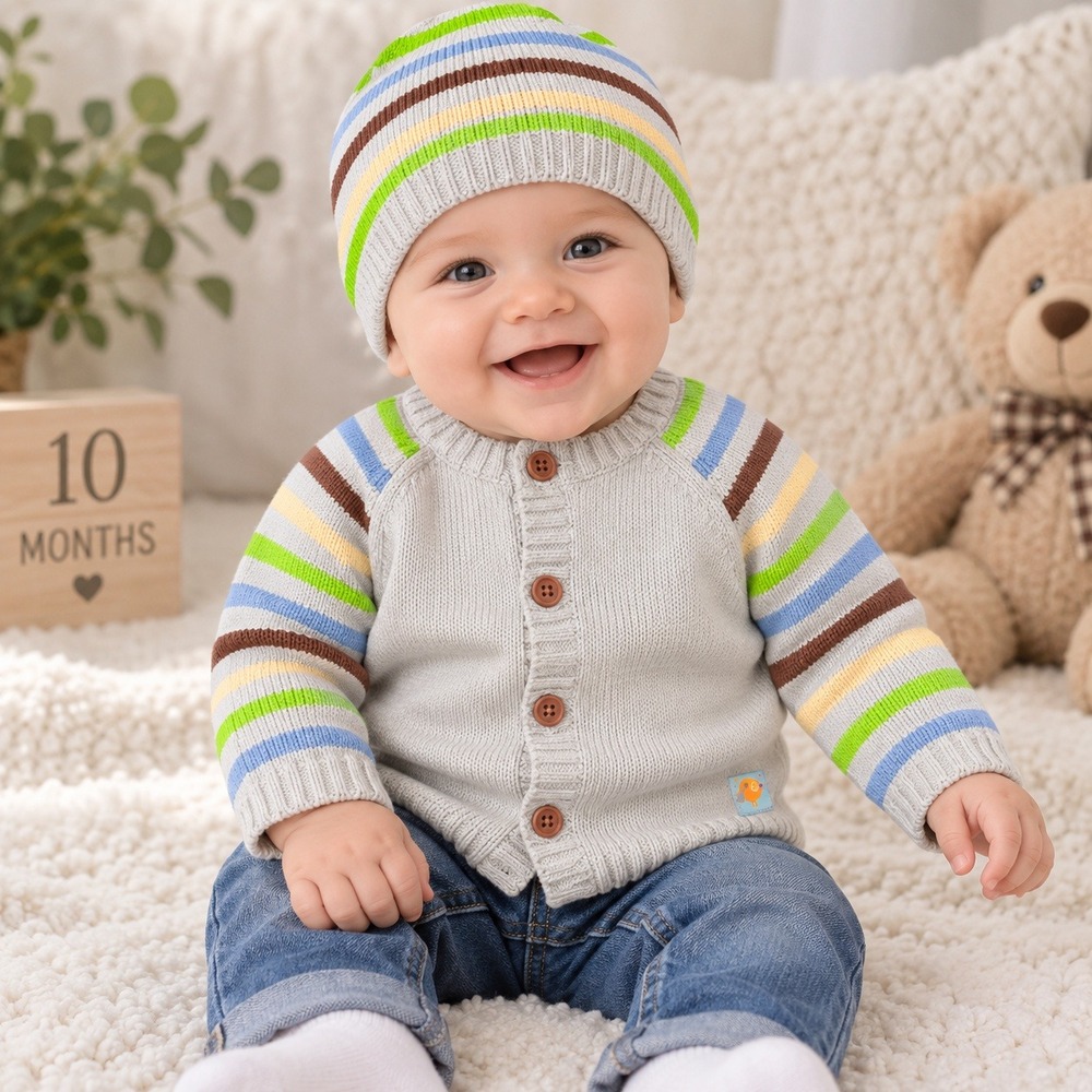 Tiny Tillia by Avon Baby Boy Striped Sweater and Beanie Set Blue 9-12 Months NEW